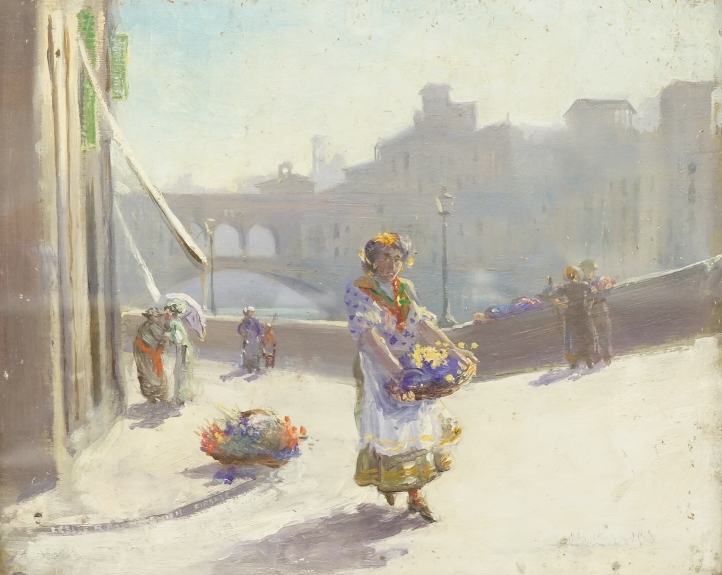 Leslie Poole-Smith (19th / 20th. C), 'Paris Flower Seller', signed, impressionist oil on board, 21 x 26cm, gilt framed